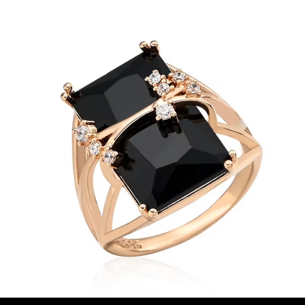 585/14k Rose Gold Ring with Black Square Zirconia  and Accent Crystals